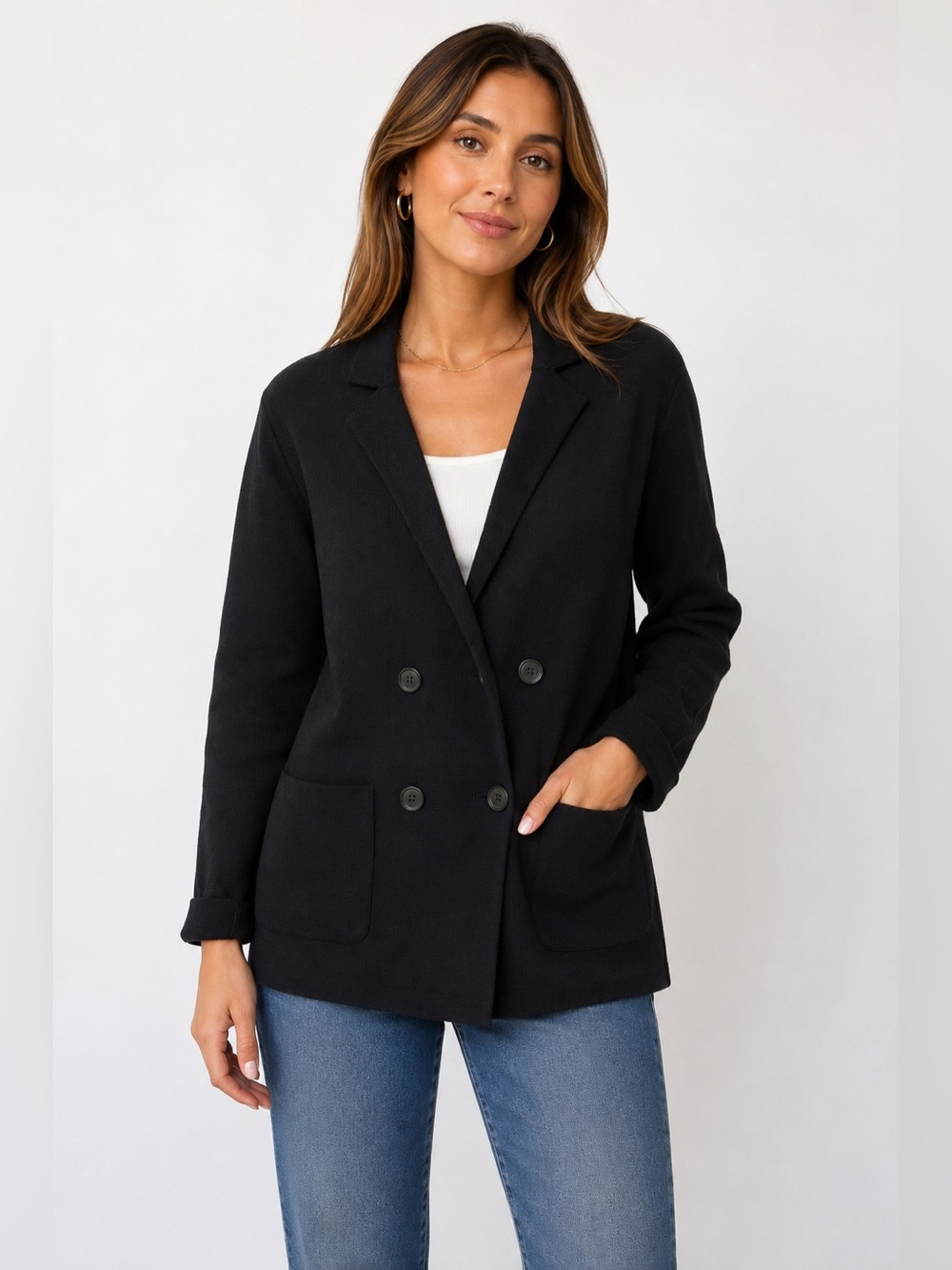 ♻️ Zara Black Knit Double Breasted Blazer Cardigan Jacket Women’s Large